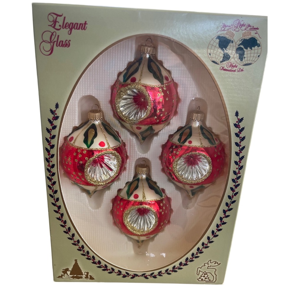 Krebs International Elegant Glass Christmas Ornaments Red Gold Indent Set of 4
